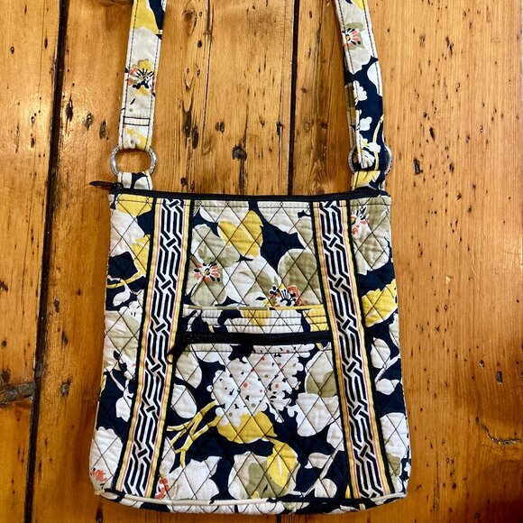Lovely Vera Bradley Black, Yellow, & White Floral Patterned Cotton Crossbody Bag - Picture 1 of 4